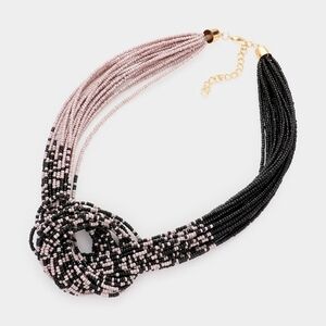 NWT Black Gray Seed Beaded Boho Knot Necklace Colorblock